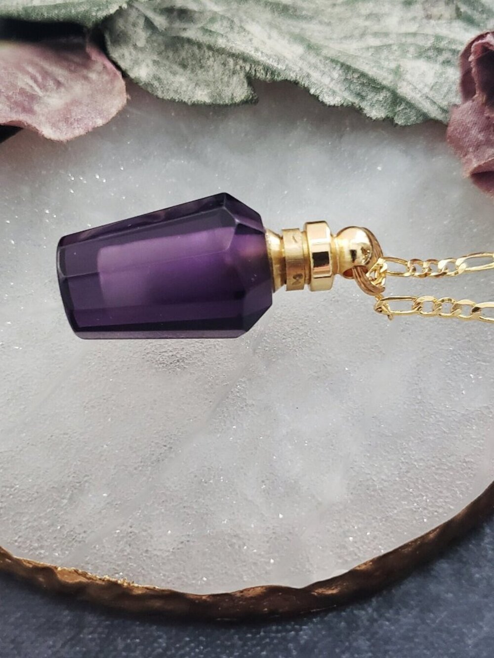 Amethyst Necklace Purple Crystal Perfume Bottle Pendant Gold Figaro Chain